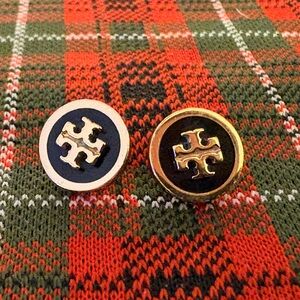 Tory Burch Black and Gold Logo Earrings